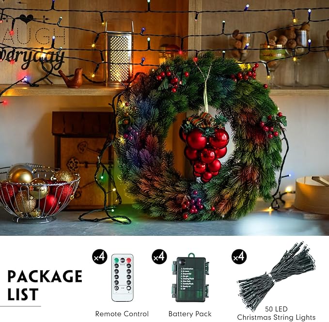 Tuanse 4 Pack Battery Operated Outdoor Christmas Tree String Lights,16.4 ft Mini Light Outdoor Christmas Lights with 50 Led of Dark Green Cable Lighting for Bedroom Garden Yard (Colorful Light)