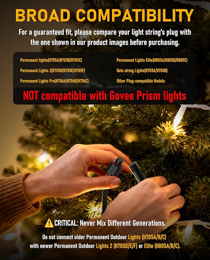 Y-Splitter for Govee Permanent Outdoor Lights, Waterproof Y-Connector Extension Cord Compatible with Govee 3Pin H705A/B/C, Expand Holiday Lighting for Christmas, New Year, 1 Male to 2 Female, Black