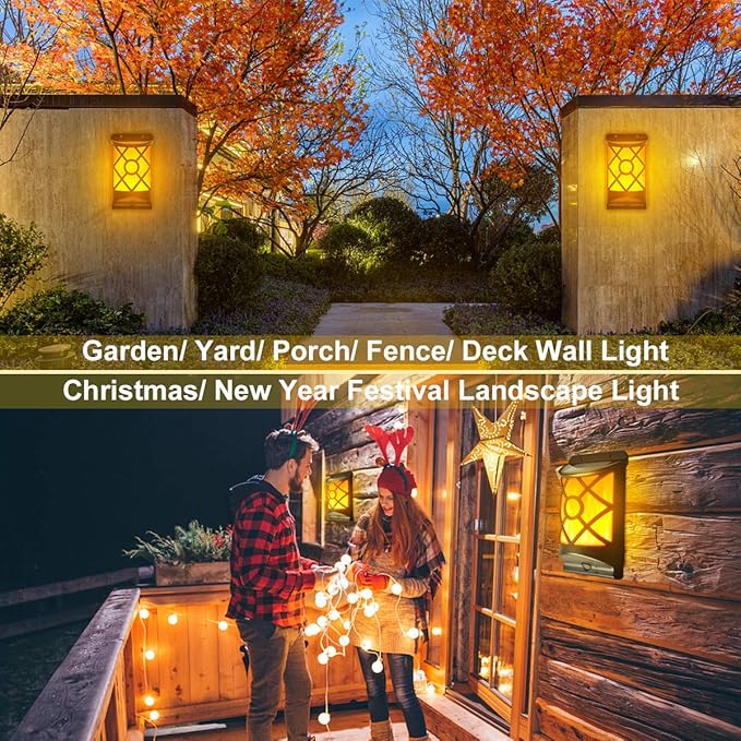 Solar Flame Lights Outdoor - Waterproof Wall Lanterns with Realistic 3D Flickering Flames, 66 Ultra Bright LED Fire Effect Light - Garden Decor for Patio, Fence, Deck - Auto On/Off (4 Pack)