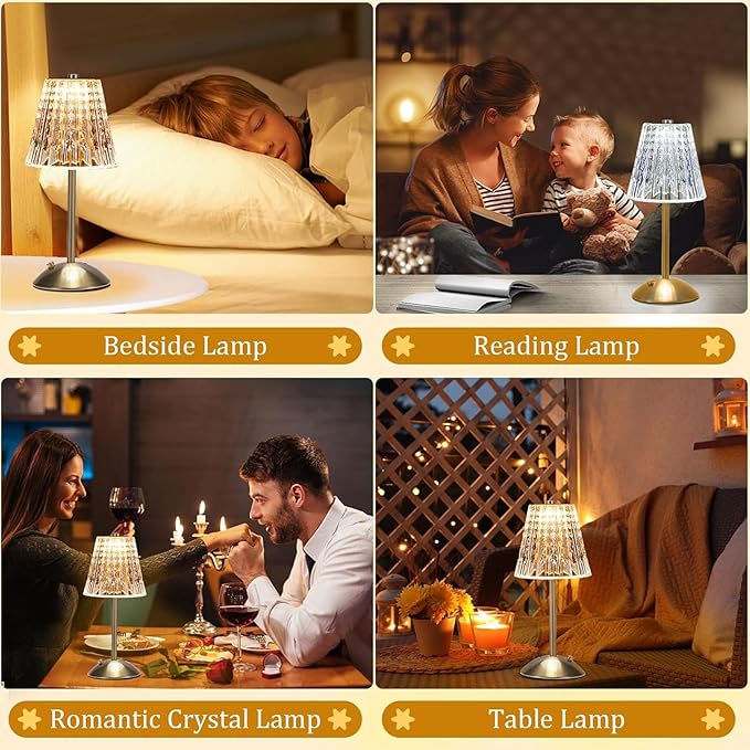 Diydeg Cordless Table Lamp, Touch Control Stepless Dimmable Crystal Table Lamp with 3 Modes, Rechargeable Battery Operated Small Nightstand Lamp for Bedroom, Living Room