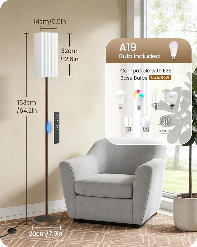 64.2'' Dimmable Floor Lamp for Living Room with Remote and Foot Switch, Corner Floor Lamp for Bedroom, Includes 10W A19 Bulb, Modern Standing Tall Lamp, ETL Listed, Brown and White VCW17LD05