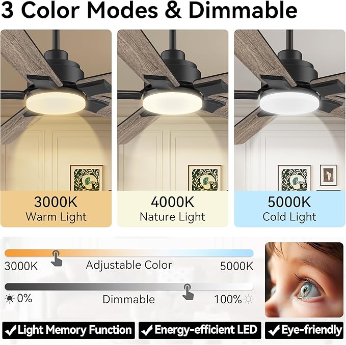 52 Inch Ceiling Fans with Lights,Smart Ceiling Fan with Light and Remote Control,Alexa,APP,WIFI,Black Indoor Outdoor Ceiling Fans for Bedroom,Patio,Porch,5 Blades,Dimmable LED,6 Speed,Quiet DC Motor