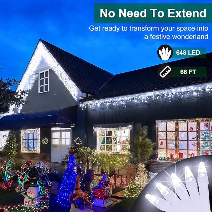 648 LED Outdoor Christmas Lights with 144 Drops, 66ft ChristmasLights with 8 Modes Timer, Christmas Twinkly Lights Waterproof for Wedding Eaves Yard Room Holiday Wedding Party Decor (Cool White)