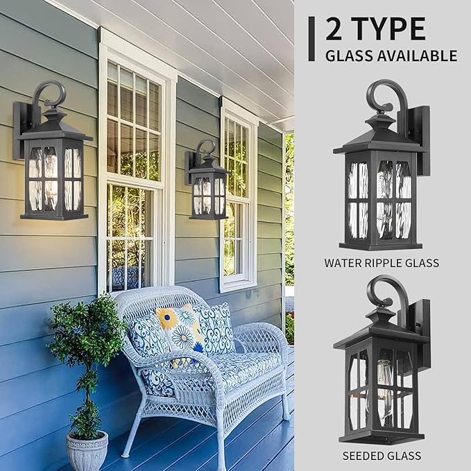 Darkaway Outdoor Light Fixtures Wall Mount, Outside Wall Lights Exterior Lighting Fixture with Water Ripple Glass Outdoor Wall Sconce for House Porch Hallway Garage Front Door