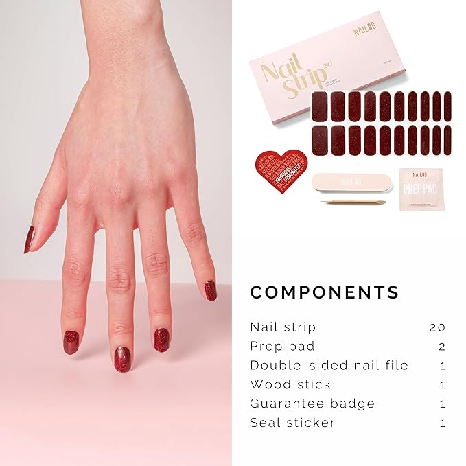 NAILOG Semi Cured Gel Nail Strips, 20Pcs Dark Red Gel Nail Stickers, Salon Quality Easy Apply & Remove Works with Any UV/LED Nail Lamps, Red Carpet