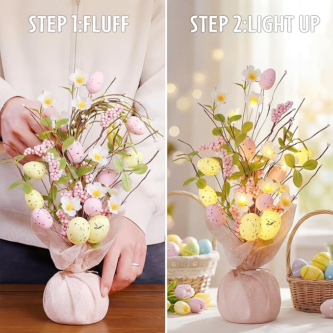 18inch Easter Decorations with Eggs & LED Lights Battery Operated Perfect Egg Tree for Indoor Easter Table Decorations & Holiday Decor
