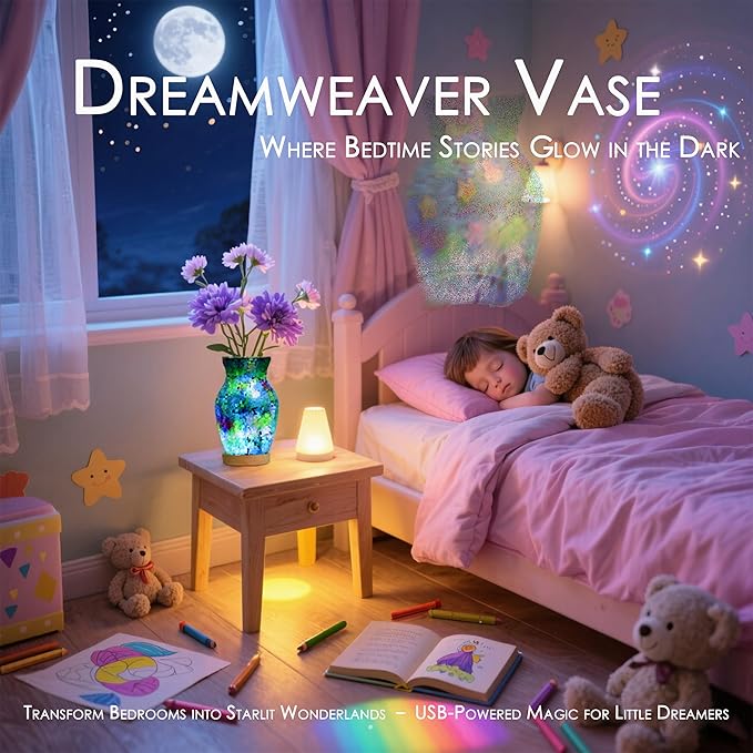 8-Inch Handcrafted Mosaic Cracked-Ice Vase Bedside Lamp with USB-Powered LED Wooden Base,Single-Switch Auto-Cycle RGB Mood Light, Purple-Green Vase USB Night Light for Party,Camping Decor