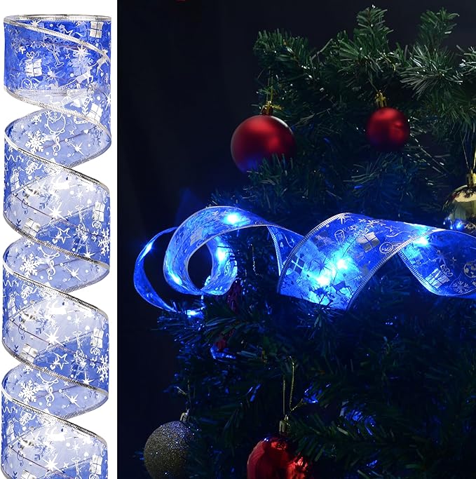 Christmas Decorations - 2.5Inch x 66Ft 200 Led Christmas Tree Ribbon Lights with 8 Lighting Modes, Battery Operated & USB Powered Fairy String Lights with Timer for Xmas Tree Decor