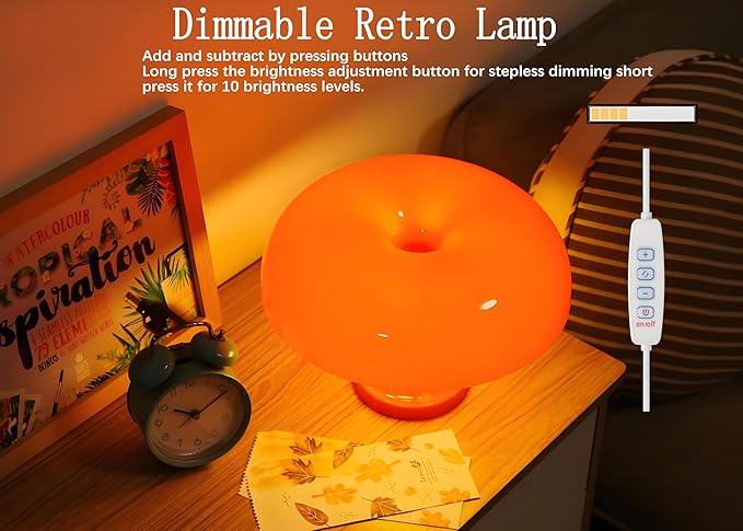 Orange Mushroom Lamp Dimmable Mushroom Table Lamp with 3 Lighting Modes Plug Donut 70s Retro Mid Century Lamp for Room Aesthetic Modern Lighting for Bedroom Living Room Home Decor & Gifts