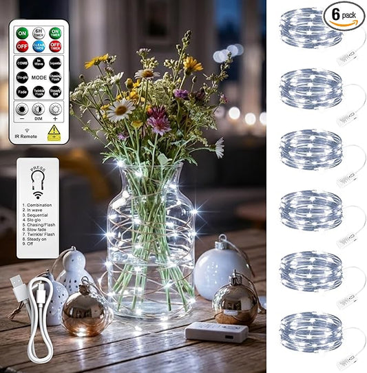 6 Pack Rechargeable Fairy Lights with Remote & DIY Timer, 7ft 20LED Dimmable Silver Wire String Light for Mason Jar, Mini Twinkle Lights for Indoor Christmas Bedroom Wedding Decor, White