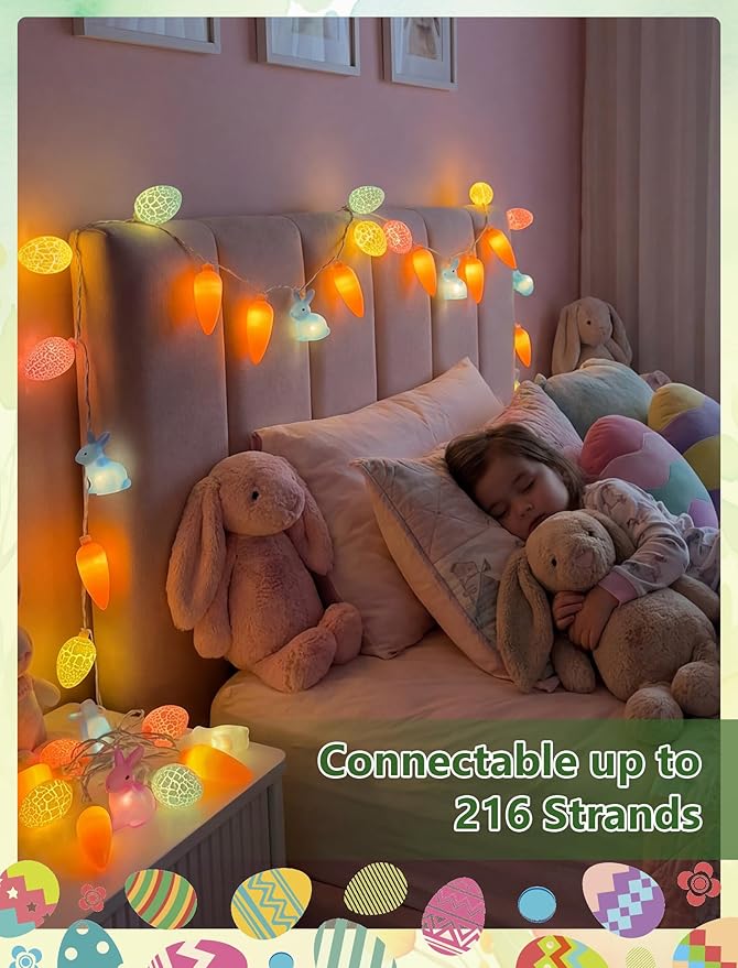 Multicolored Rabbit Cracked Egg and Carrot String Lights, 12FT LED Easter Fairy Light with 20 LED Rabbit Cracked Egg Carrot Lamps, Easter String Lights for Patio Balcony Bedroom Home Easter Decoration