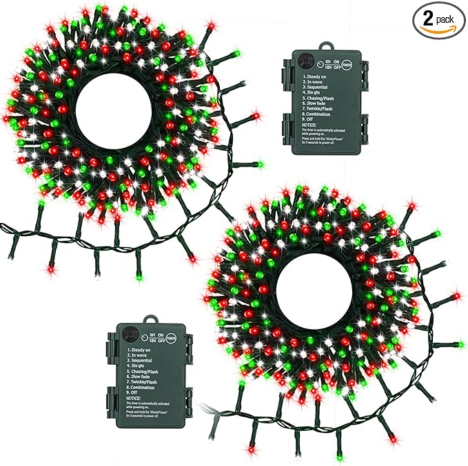 2 Pack Christmas Lights Red White Green, Total 20Ft 400 LED String Lights with Timer 8 Modes Cluster Firecracker Light for Tree Room Garden Outdoor Decor