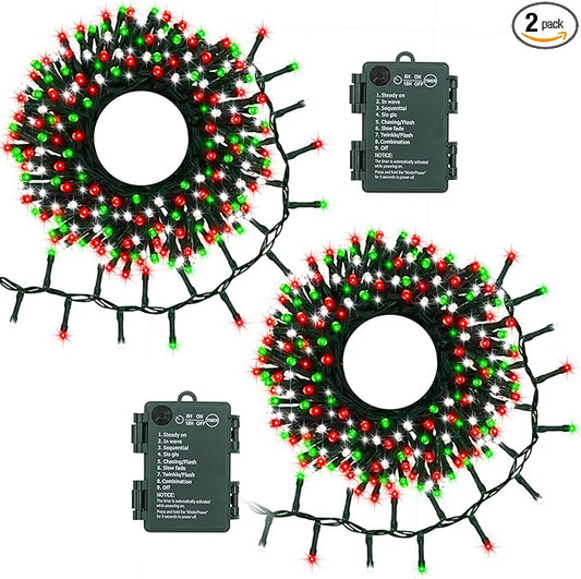 2 Pack Christmas Lights Red White Green, Total 20Ft 400 LED String Lights with Timer 8 Modes Cluster Firecracker Light for Tree Room Garden Outdoor Decor