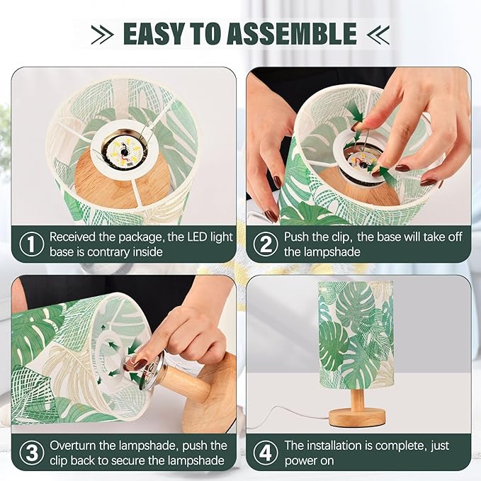 Monstera Leaf Tropical Leaves Jungle Foliage Table Lamp with Wood Base Fabric Lamp Shade Bedside Nightstand Desk Lamp for Living Room Bedroom Kids Room Office