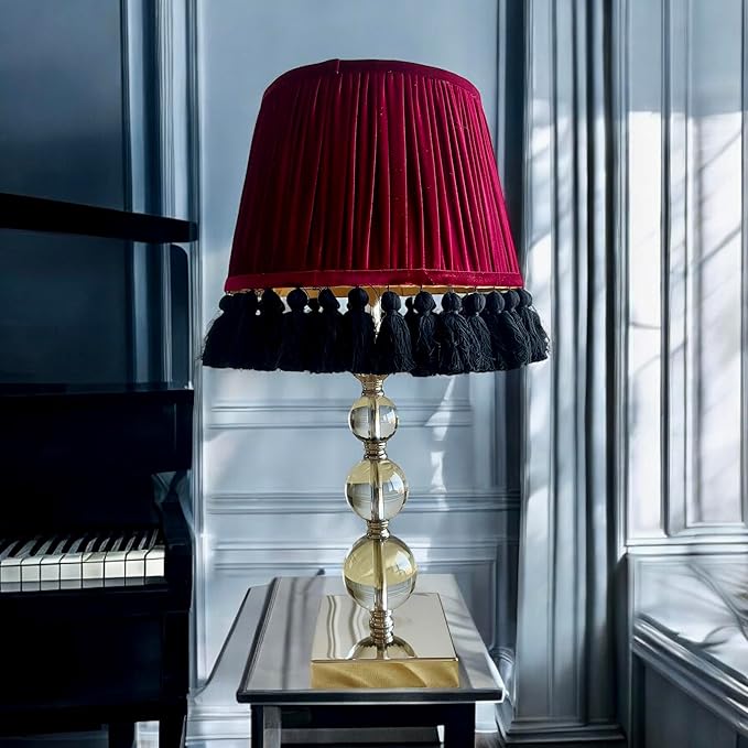 Tristan Home Round Pleated Velvet Lamp Shade with Tassels 10x14x12inches (The Height 12inch Includes Tassels) (Red Wine Burgundy)