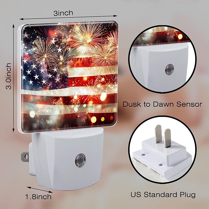 America Flag with Fireworks Night Light for Kids, Dusk-to-Dawn Auto Sensor Plug in Night Light, 0.5W Energy Saving Non-Toxic Design for Bedroom/Bathroom, Ideal Gifts for Women, Men & Kids