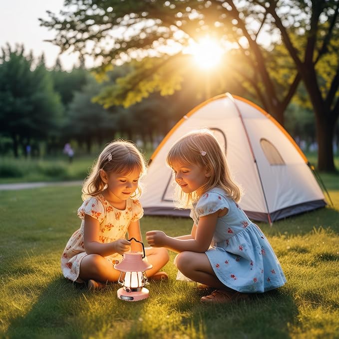 HOMY Pink Retro Kids Camping Lantern, 3-Color Dimmable Portable LED Night Light with Handle, Vintage Decorative Lamp for Toddlers, Gift for Tent, Backyard & Indoor Play