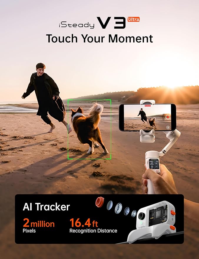 Hohem iSteady V3 Ultra Gimbal Stabilizer for Smartphone, AI Tracking Phone Gimbal, 1.22" Touchscreen Detachable Remote Control, Built-in Extension Rod & Tripod, 360° Infinite Pan, Vlog Filming, White