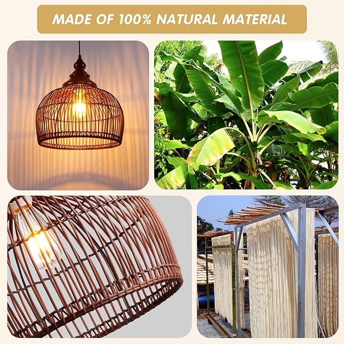 Rattan Pendant Light Kitchen Island, 15.8" Boho Dining Room Light Fixture Hand-Woven Wicker Chandelier Farmhouse Weaving Lighting Coastal Ceiling Hanging Lights for Living Room Restaurant