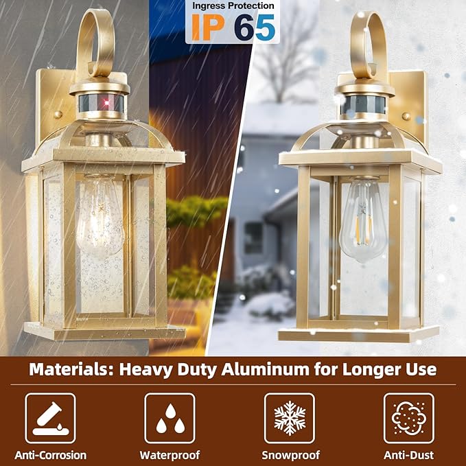 Gold Motion Sensor Outdoor Light Fixtures Dusk to Dawn 2-Pack, 16 Inch Brass Outdoor Wall Sconces Photocell Outside Lights for House Front Porch Lights Carriage Coach Lights Courtyard