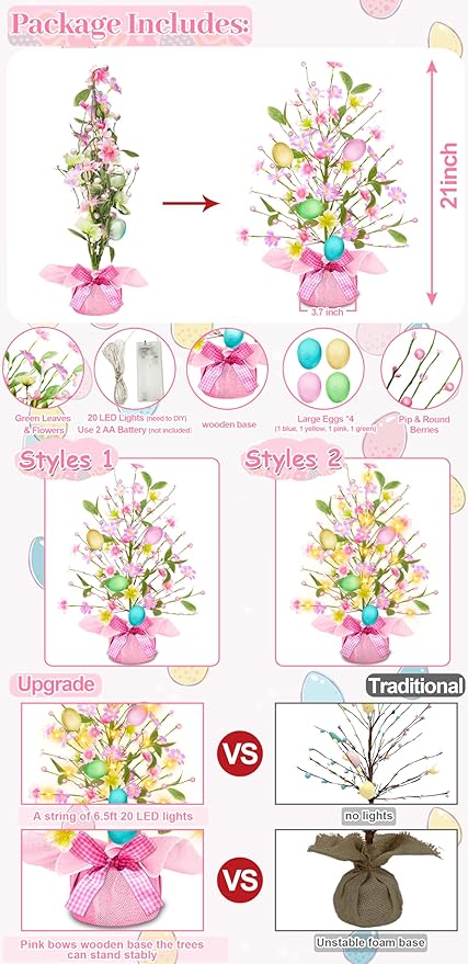 2 Pack & Timer - Easter Decorations, 21 Inch Easter Tree Tabletop with 20 Warm White Lights Battery Operated Large Colorful Eggs Colorful Berries Artificial Tree Easter Decor Spring Home Party