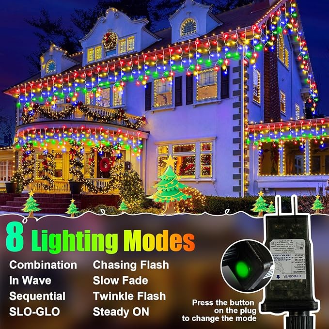Christmas Lights Outdoor, 98FT 900LED Ice Lights for Outside, Ice String Lights with 8 Modes, Waterproof Timer Memory Hanging Light for Eaves Party Yard Garden(Multicolor)