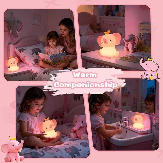 Pink Elephant Night Light, Cute Squishy Silicone Lamp, Dimmable Touch Control Elephant Gifts for Girls Daughter, LED Nursery Bedside Lamp for Girls Room Decor Birthday Xmas Gifts