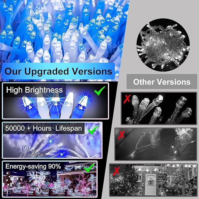 340 LED 90FT Christmas String Lights Outdoor, 12 Pro Modes and Timer Memory & Brightness, Plug in Outdoor Waterproof Clear Wire Twinkle Light for for Xmas Yard Tree Wedding Party Decor (Blue & White)