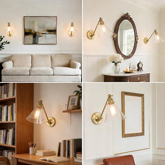 Industrial Vintage Slope Pole Wall Mount Single Sconce with Funnel Flared Clear Glass Shade, Swing Arm Wall Sconce Light Lamp Fixture Hardwired