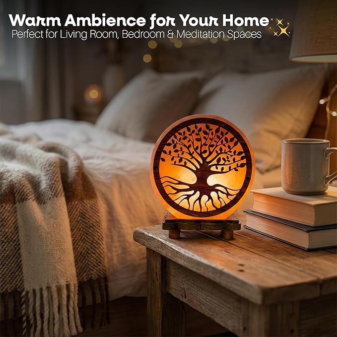 Himalayan Salt Lamp with Tree of Life Design – 4.5 Inch Hand-Carved, Wooden Base, for Home Décor, Meditation & Gifts