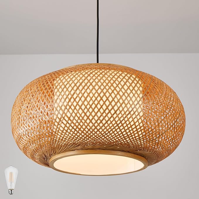 Bamboo Pendant Light Basket Weave Hanging Light, 1 Light Elegant Rattan Chandelier for Kitchen Island Nursery (23")
