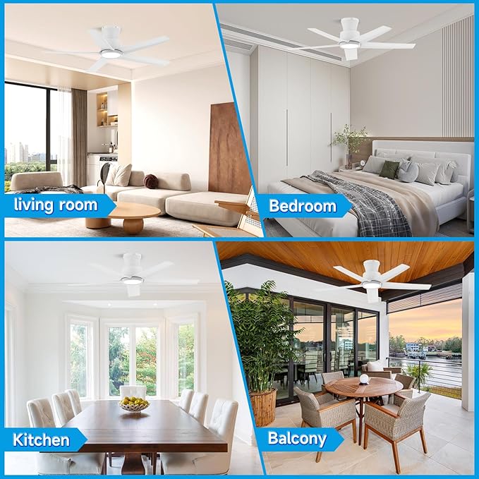 ocioc 44 inch Ceiling Fans with Lights and Remote, Dimmable Ceiling Fans with Reversible Quiet DC Motor, Flush Mount, 3CCT, White Ceiling Fan for Bedroom Living room Indoor/Outdoor