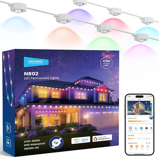 NEEWER 144ft Permanent Outdoor Lights for House Decor, Smart AI RGBCW Outside Eaves String Christmas Lighting with 90 LED Lights App Control 50+ Scenes IP65 Waterproof, Compatible with Alexa, NR02