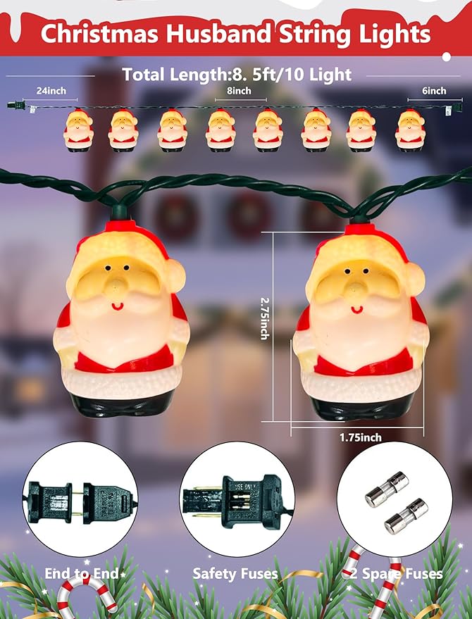 8.5Ft Christmas Santa Light, Christmas Decorations String Lights with 10 Santa Claus Bulbs, Plug in Hanging Fairy Lights for Indoor Party Kid's Room Xmas Tree Patio Bedroom Garden Decor