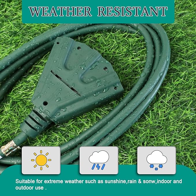 10 Ft 2 Pack Outdoor Indoor Extension Cord with 3 Electrical Power Outlets - 16/3 SJTW Long-Lasting Green Cable with 3 Prong Grounded Plug