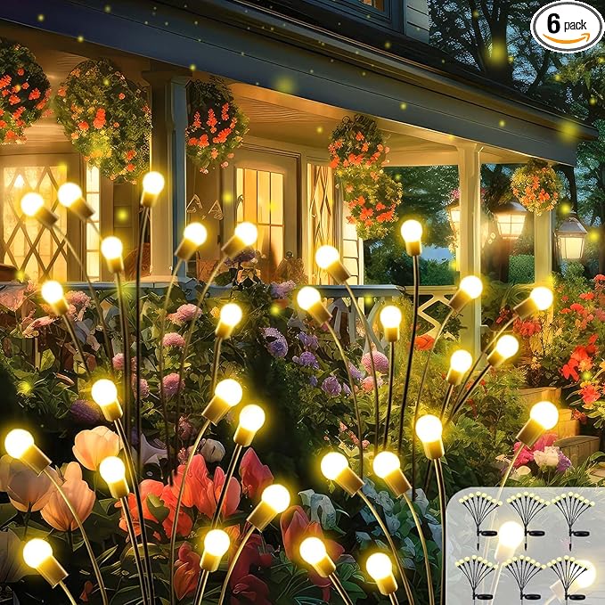 2026 Upgraded Solar Lights Outdoor, 6 Pack Solar Garden Lights with 2 Modes, Firefly Lights Outdoor Waterproof, Sway by Wind, Twinkle Firefly Light for Yard Patio Path Garden Decoration (Warm White)
