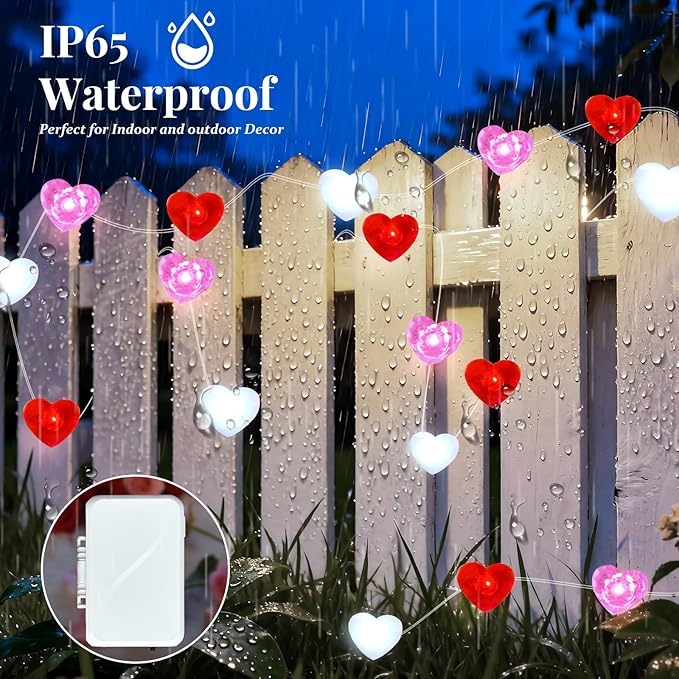 ZGWJ Valentines LED Fairy Lights, 2 Pack 50LED 16FT Red-White-Pink Heart String Lights Battery Operated,Waterproof Valentines Lights for Wedding Party,Mother's Day Indoor Outdoor Decoration