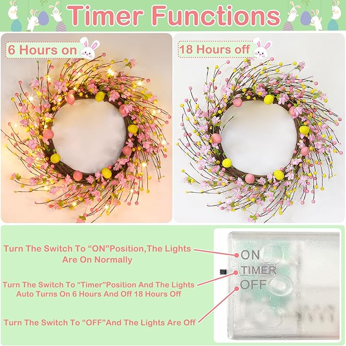 Timer - 20 Inch Easter Wreaths for Front Door with 20 Warm LED Lights Colorful Eggs, Battery Operated Easter Decorations fo Home Wall Window Indoor Outdoor Spring Holiday Decorations, Easter Gifts