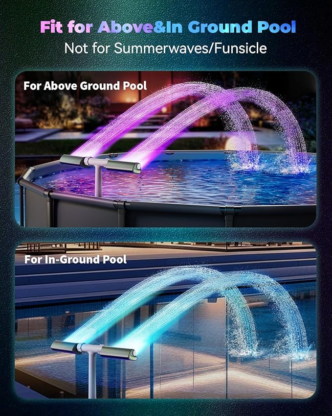 Pool Fountain with 8-Color 4-Mode LED Lights, Above/Inground Pool Fountain Lights with Remote, 360°Adjustable Pool Sprinkler for Relaxation & Cooling 10-20°F