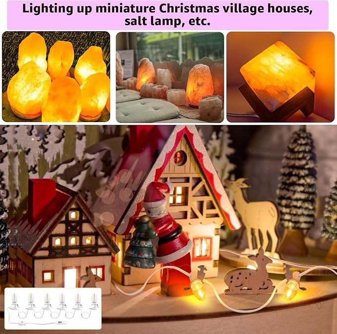 Christmas Village Lights-C7 Blow Molded Light Cord wth 6 LED Bulbs Length 12 Feet.Suitable for Christmas House, Halloween Pumpkin, Salt Lamps，Holiday Lighting Etc（2Pcs）