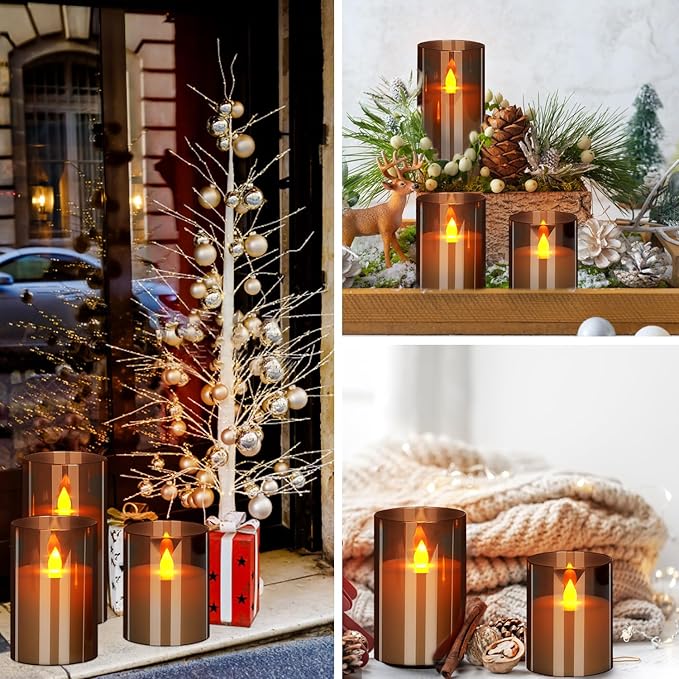 Flameless Candles 4" 5" 6" Set of 3 Acrylic Glass Pillars 3" Diameter Battery Operated Flickering Candles Include 8-Key Remote with Timer Function 400+ Hours (Gray, 3 Pack)