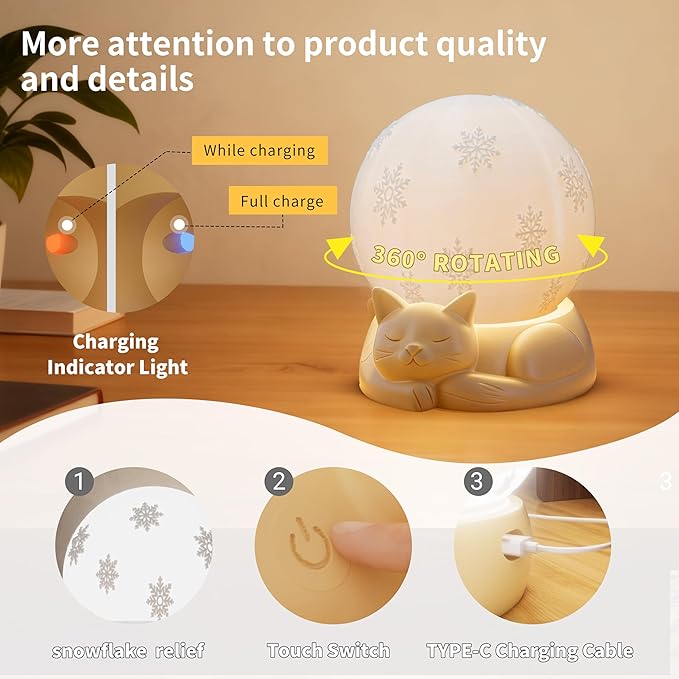 Rotating Cat Lamp, 3 Color Temperatures Table Lamp for Bedroom, Touch Control Rechargeable Nightstand Lamps with USB C Charging for Home Decor, Nursery