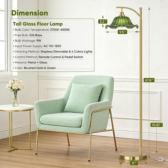 Gold Floor Lamp for Living Room, Dimmable Mid Century Modern Standing Lamp with Remote Control and Green Glass Shade, 68" Tall Lamp for Bedroom, Vintage Retro Antique Glass Flower Lamp, Brushed Gold