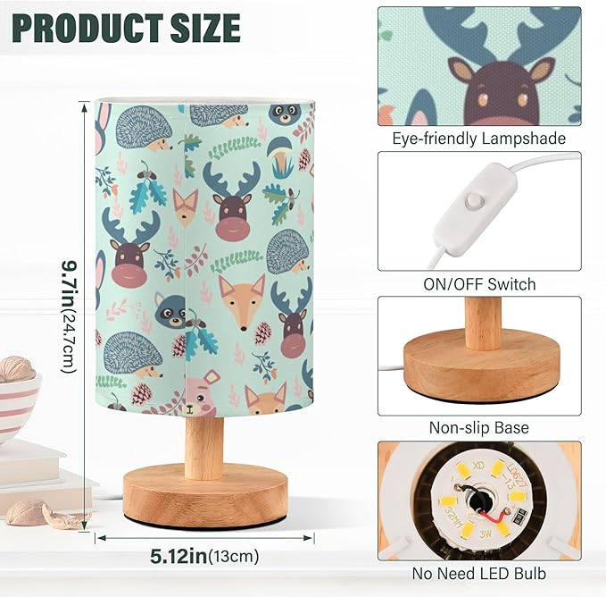 Table Lamp Cute Animal Fox Deer Bear Rabbit Hedgehog Mushroom Forest Pattern Nightstand Lamp with Wood Base Fabric Lamp Shade Bedside Desk Lamp for Living Room Bedroom Kids Room Office