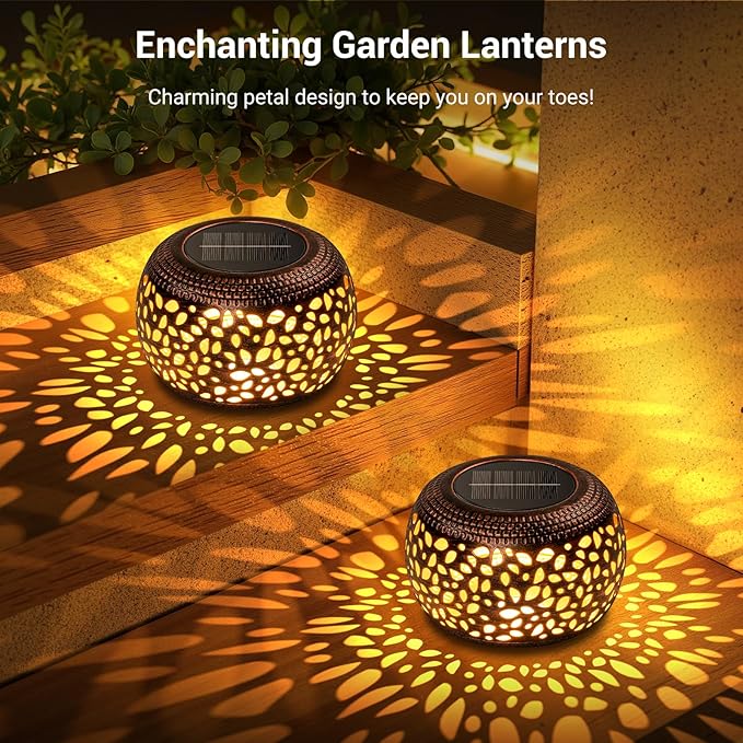 Solar Lanterns Outdoor Waterproof: 2 Pack Hollow Out Retro Metal Lantern Lights - Solar Lantern Decorative - Gardening Gifts for Women Mother's Day, Outside Garden Yard Patio & Indoor Tabletop Decor