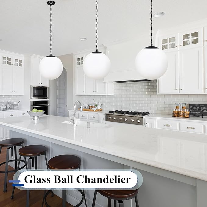 KoKo&Yukina 13.7" Black Globe Pendant Light Mid Century Pendant Light Milk Glass Pendant Lights Kitchen Island Adjustable Hanging Light Fixture for Dining Room Bedroom Kitchen Island