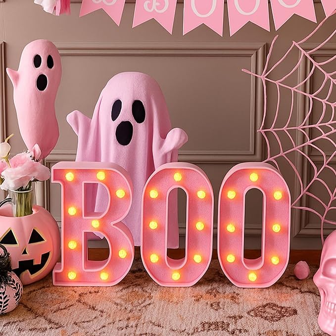 Baquler 3 Pcs Halloween Boo Decorations Light up Boo Sign Marquee LED Letters Lights Decor for Halloween Outdoor Home Room Kitchen Fireplace Tabletop Party Supplies (Pink)