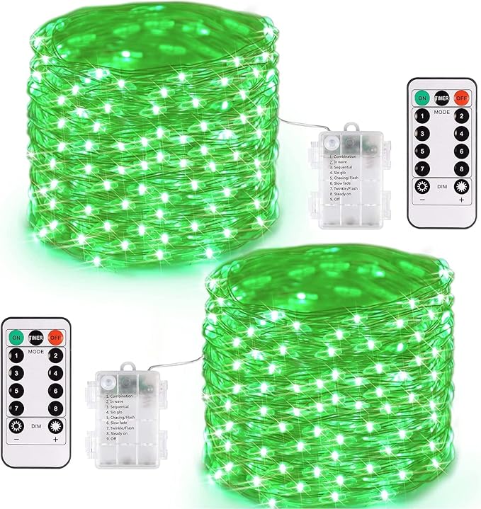 JMEXSUSS 2 Pack Green Fairy Lights Battery Operated, Total 200 LED 66ft Twinkle String Lights with Remote, 8 Modes Christmas Lights for Tree Wreath Fireplace Indoor Outdoor Halloween Xmas Decor