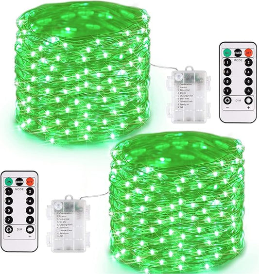 JMEXSUSS 2 Pack Green Fairy Lights Battery Operated, Total 200 LED 66ft Twinkle String Lights with Remote, 8 Modes Christmas Lights for Tree Wreath Fireplace Indoor Outdoor Halloween Xmas Decor