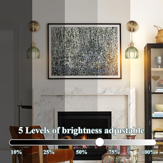 Battery Operated Wall Sconce, Indoor not Hardwired Wall Sconces Deep Green Glass Lampshade with RGB Dimmable, Wall Sconces Set of Two with Remote, Vintage Wall Lamp, for Bedroom Living Room